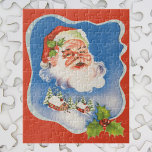 Puzzle Vintage Christmas, Retro Jolly Santa Claus<br><div class="desc">Diseño de vacaciones de Navidades de ilustracion de época con un Santa Claus flotante frente a un pueblo cubierto de nieve. Cinta con estrellas y Navidades enmarcan la escena.</div>