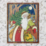Puzzle Vintage Christmas, Santa Claus Deer en la selva<br><div class="desc">Ilustracion de época de estilo victoriano Feliz Navidad. Imagen de Santa Claus que muestra a San Nicolás cargando un árbol de Navidad y picando un ciervo en el bosque, una luna llena en el cielo nocturno. Un alegre Papá Noel está llevando un saco lleno de juguetes y muñecas en la...</div>