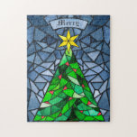Puzzle Vintage Christmas Tree Sained Glass<br><div class="desc">Este hermoso rompecabezas de Navidades de 11" x 14" presenta un diseño de vidrio manchado de acuarela hecho a mano con un árbol de Navidad con una estrella dorada con ornamentos rojos con un fondo en tonos azules. El saludo editable es "Merry".</div>
