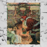 Puzzle Vintage Christmas, victoriano Santa Claus Children<br><div class="desc">Ilustracion de época Victorian Festividad navideña Feliz Navidad con un alegre Papá Noel entregando juguetes a dos niños durmiendo cerca de la chimenea en la Noche Navidad. La niña está recibiendo una muñeca de juguete. Una corona de hojas huecas está colgada en el manto sobre el fuego.</div>