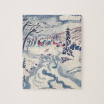 Puzzle Vintage Christmas, Wind Village Snowscape Snow<br><div class="desc">Ilustracion Vintage Victorian Era Feliz Navidad navideña diseño de temporada de invierno con un pueblo nevado. Un río helado recorre el bosque,  los árboles están cubiertos de nieve y el hielo y las montañas están a lo lejos. ¡Felices fiestas y saludos de temporada!</div>