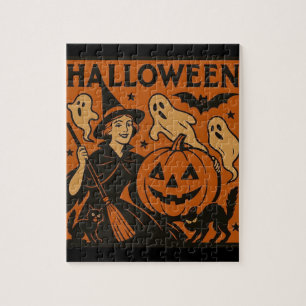 Puzzle Vintage, clásica bruja de Halloween, fantasma y ca