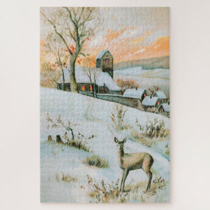 Puzzle Vintage de invierno de nieve con ciervo
