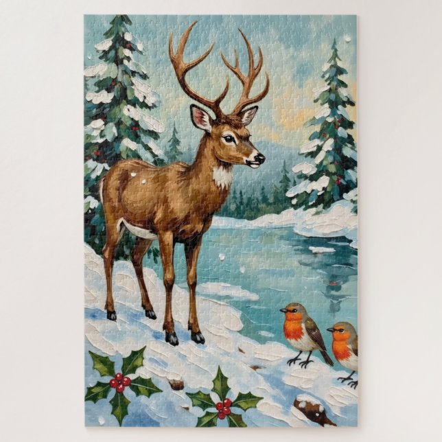 Puzzle Vintage Deer and Robins Christmas Scene (Vertical)