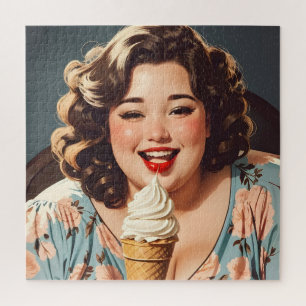 Puzzle Vintage feliz mujer comiendo helado