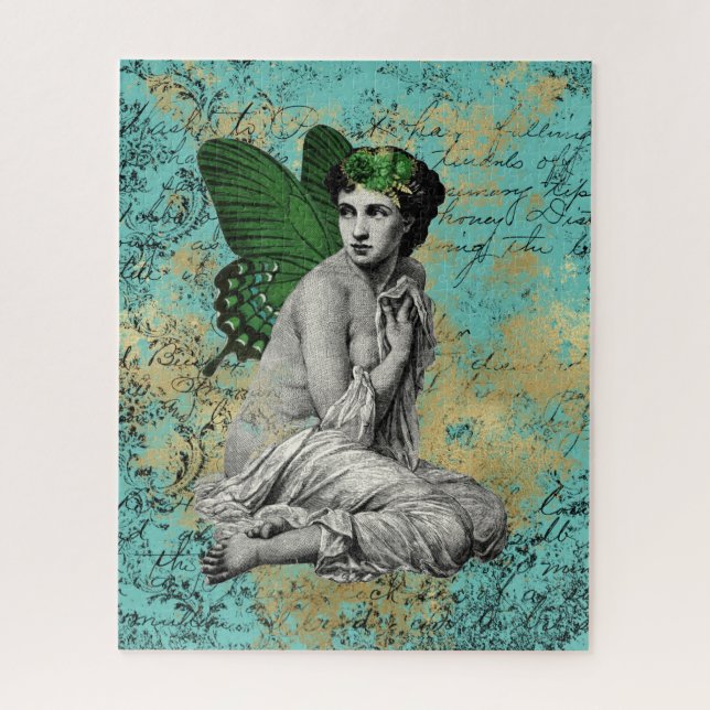 Puzzle Vintage Green Fairy en Aqua Ephemera (Vertical)