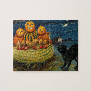 Puzzle Vintage Halloween Party Black Cat Scary Pumpkins