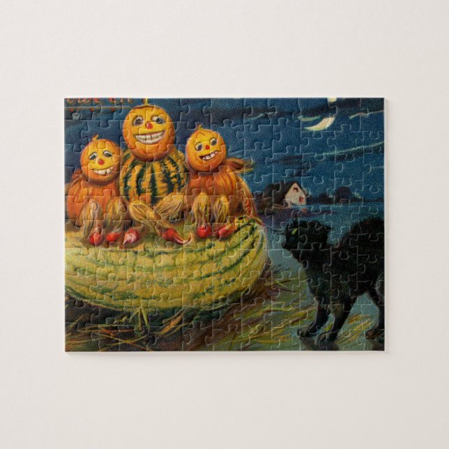 Puzzle Vintage Halloween Party Black Cat Scary Pumpkins (Horizontal)