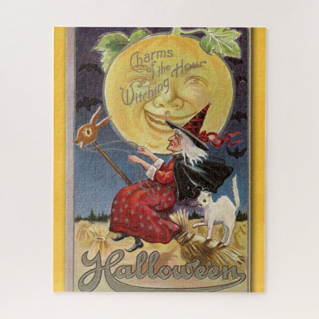 Puzzle Vintage Halloween vieja bruja y luna llena (Vertical)