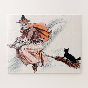 Puzzle Vintage Halloween Witch Riing Broom con gato
