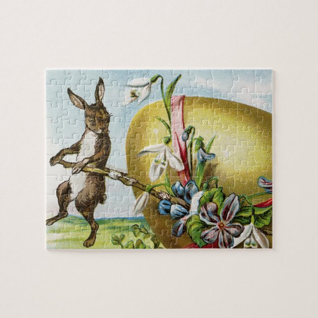 Puzzle Vintage Happy Easter Bunny Rabbits Easter Eggs (Horizontal)