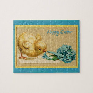 Puzzle Vintage Happy Easter Chick con Flores Azules