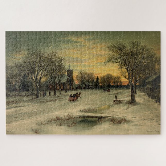 Puzzle Vintage navidad víspera atardecer paisaje invernal (Horizontal)
