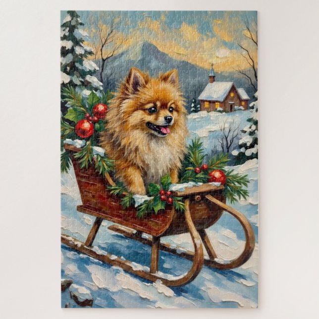 Puzzle Vintage Pomeranian in Wooden Christmas Sleigh (Vertical)