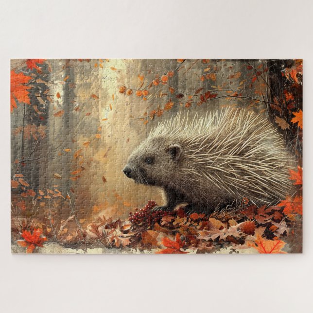 Puzzle Vintage Porcupine en otoño deja 20x30 (Horizontal)