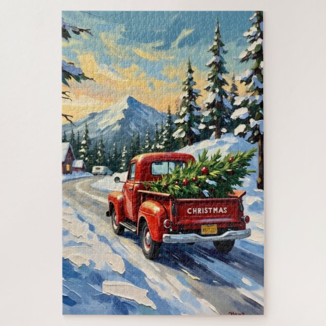 Puzzle Vintage Red Truck Carrying Christmas Tree (Vertical)