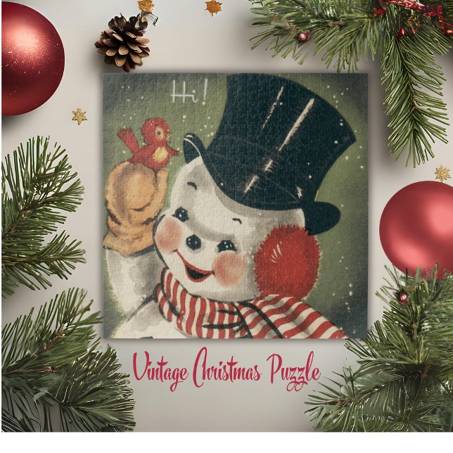 Puzzle Vintage Retro Feliz feriado de nieve (Vintage Retro Happy Snowman Holiday Jigsaw Puzzle)
