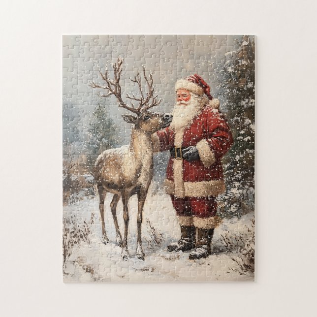 Puzzle Vintage Santa Petting A Reindeer Painting (Vertical)