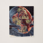 Puzzle Vintage Science Ficción Astronauta Rocket Spaceshi<br><div class="desc">Viaje futurista de ilustracion de la ciencia ficción y imagen del transporte. Una nave espacial transparente que vuela sobre el planeta tierra con un piloto astronauta. Un clásico de los años 50: el diseño de ciencia ficción de historietas retro del futuro.</div>