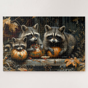 Puzzle Vintage Tres Mapaches y Calabazas Otoño 20x30