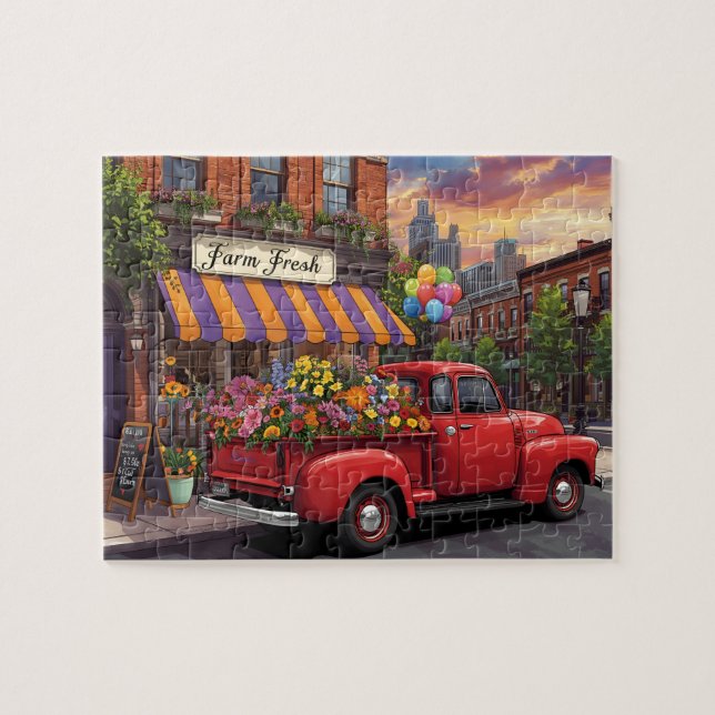 Puzzle Vintage Truck Flower Delivery City (Horizontal)