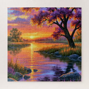 Puzzle Violet Twilight Lake Reflections Moody Evening Sce