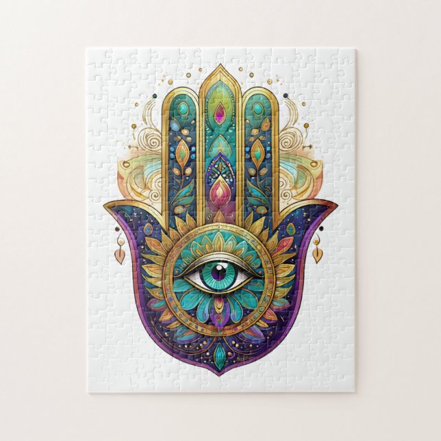 Puzzle Violeta Verde Pétalos de Oro Hamsa Turquesa Tercer (Vertical)
