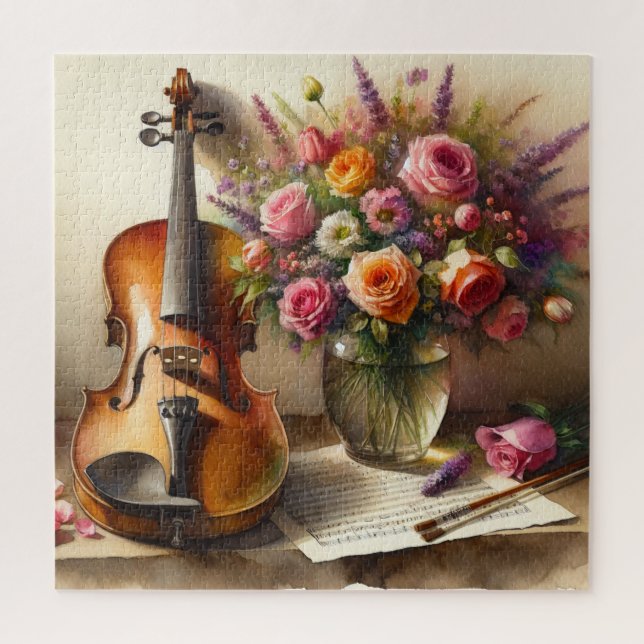 Puzzle Violín, música de chapa y una bolsa de flores (Vertical)