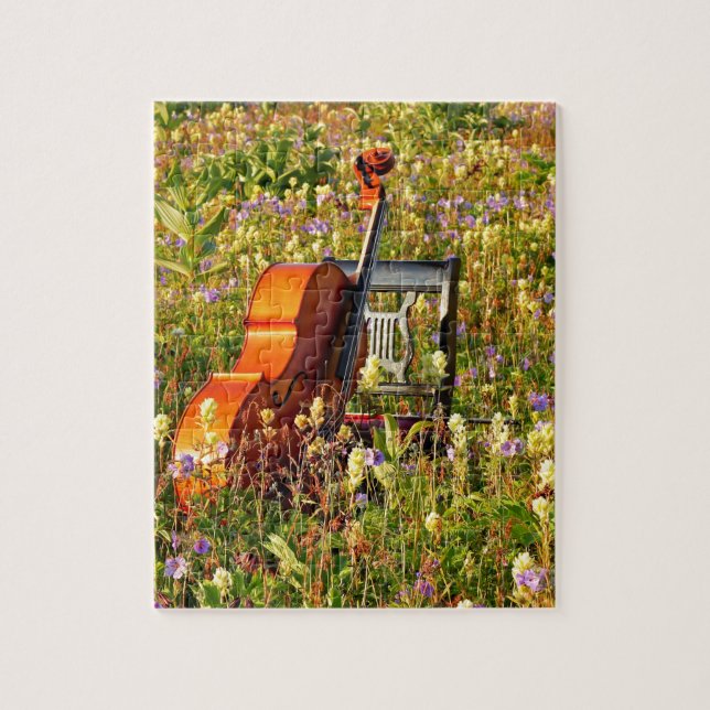 Puzzle Violoncelo con la silla en un campo de wildflowers (Vertical)