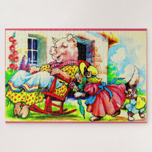 Puzzle Visita de cerdo a mamá gatita y bebé gatito de los
