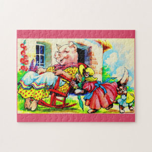 Puzzle Visita de cerdo a mamá gatita y bebé gatito de los