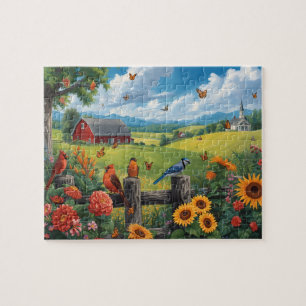 Puzzle Vista campestre pájaros girasoles escena granero r