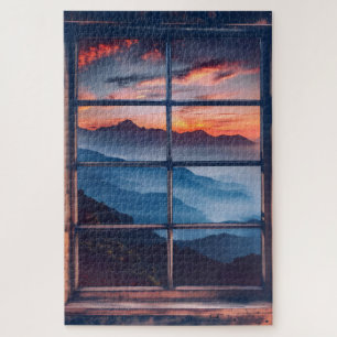 Puzzle Vista de la ventana Atardecer en montañas