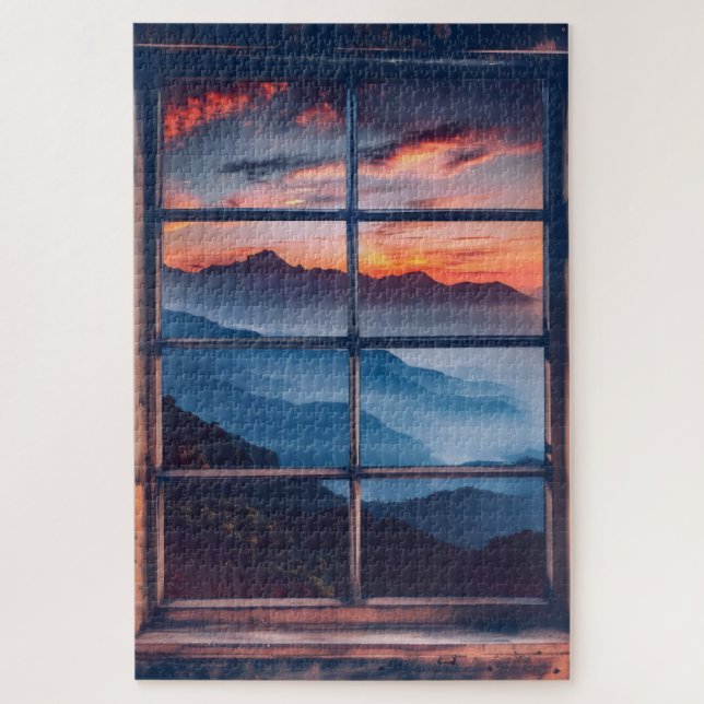 Puzzle Vista de la ventana Atardecer en montañas (Vertical)