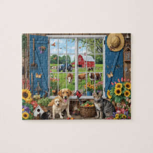 Puzzle Vista de la ventana de la granja Perro Gato Giraso