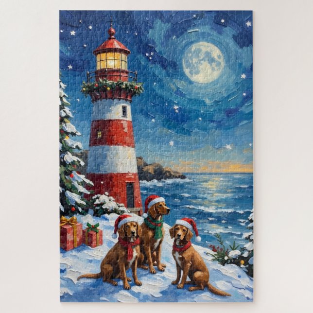 Puzzle Vizsla Christmas Lighthouse Holiday (Vertical)