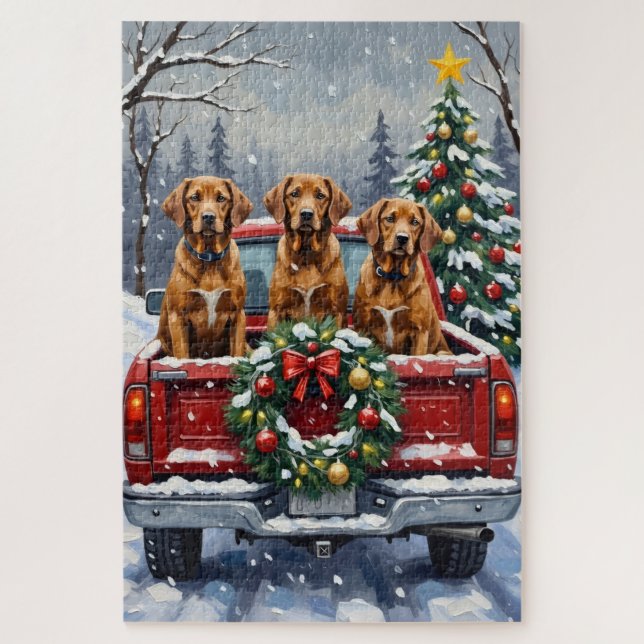 Puzzle Vizsla Christmas Red Truck Holiday (Vertical)