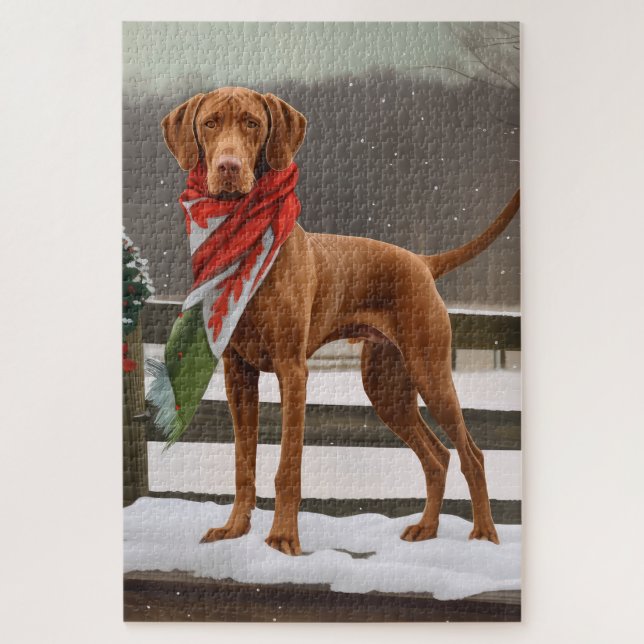 Puzzle Vizsla Perro en Navidad con Nieve (Vertical)