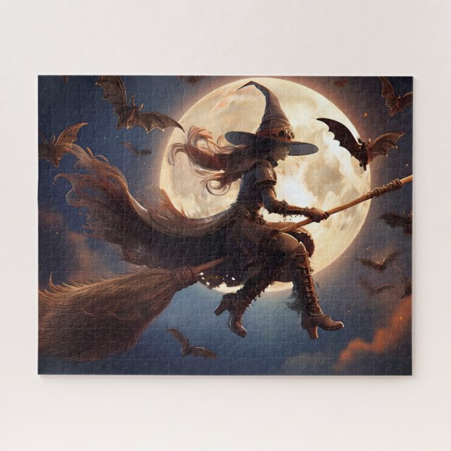 Puzzle Vuelo en la luna de bruja de Halloween Steampunk (Horizontal)