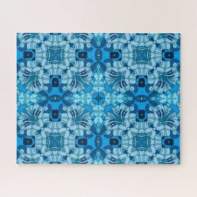 Puzzle Watercolor Abstract Floral Denim Blue (Horizontal)