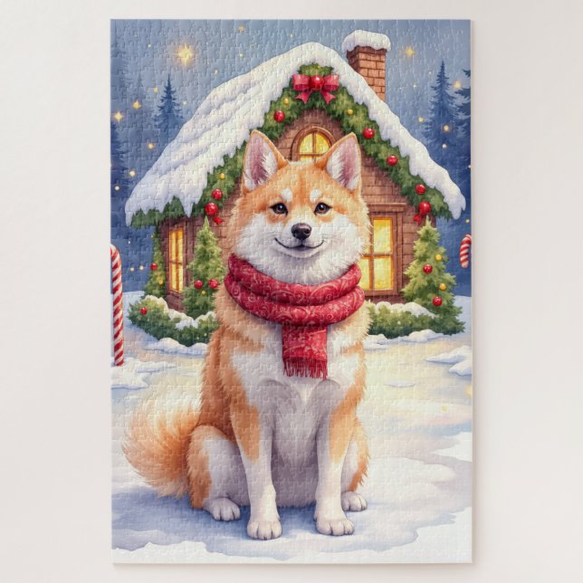 Puzzle Watercolor Akita Gingerbread House Christmas  (Vertical)
