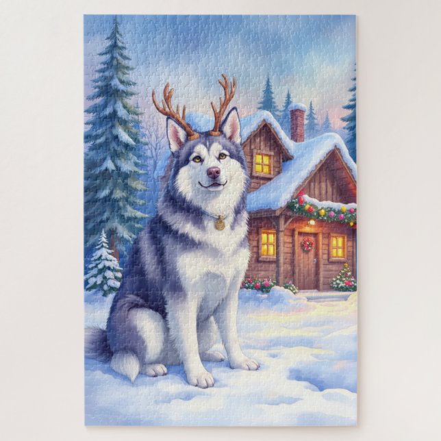 Puzzle Watercolor Alaskan Malamute Reindeer Christmas (Vertical)