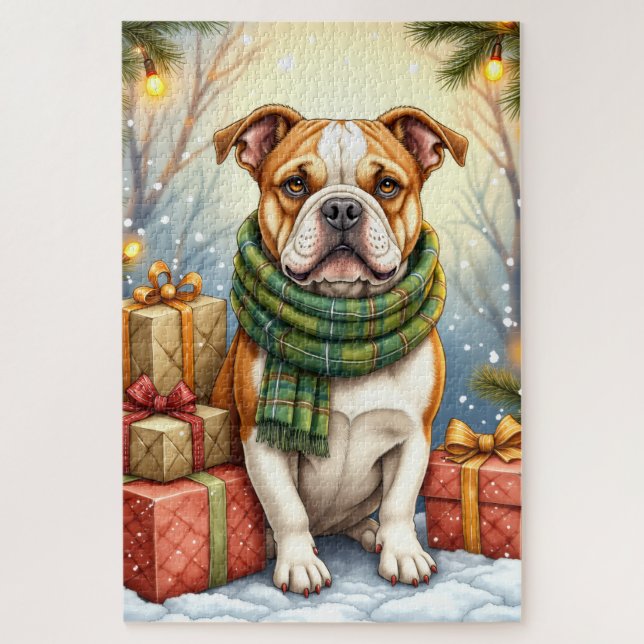 Puzzle Watercolor American Bulldog Christmas Holiday (Vertical)