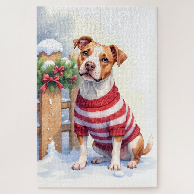Puzzle Watercolor American Pit Bull Terrier Festive (Vertical)