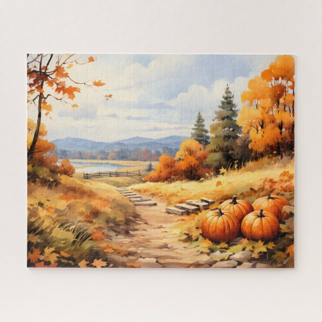 Puzzle Watercolor Autumn Road Pumpkin Caída Saltos (Horizontal)