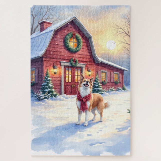 Puzzle Watercolor Border Collie Country Barn Christmas (Vertical)