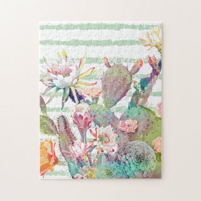 Puzzle Watercolor Cactus Floral Stripes Design (Vertical)