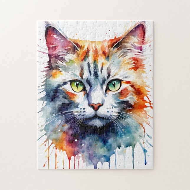Puzzle Watercolor Cat Multicolor Splash art (Vertical)
