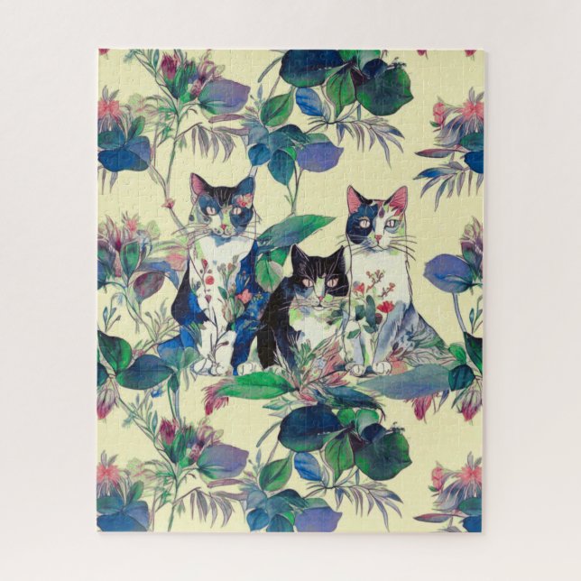 Puzzle Watercolor Cats in a Garden (Vertical)