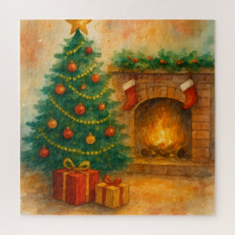 Puzzle Watercolor Christmas Tree & Cozy Fireplace Holiday